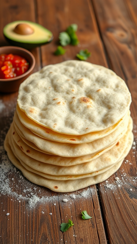 A stack of homemade flour tortillas on a wooden table with salsa and fresh ingredients.